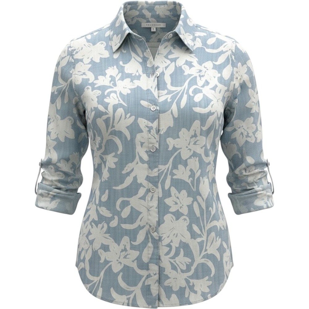 Womens Foxcroft Petite Floral Linen Blend Button Down Shirt Blue White Coastal